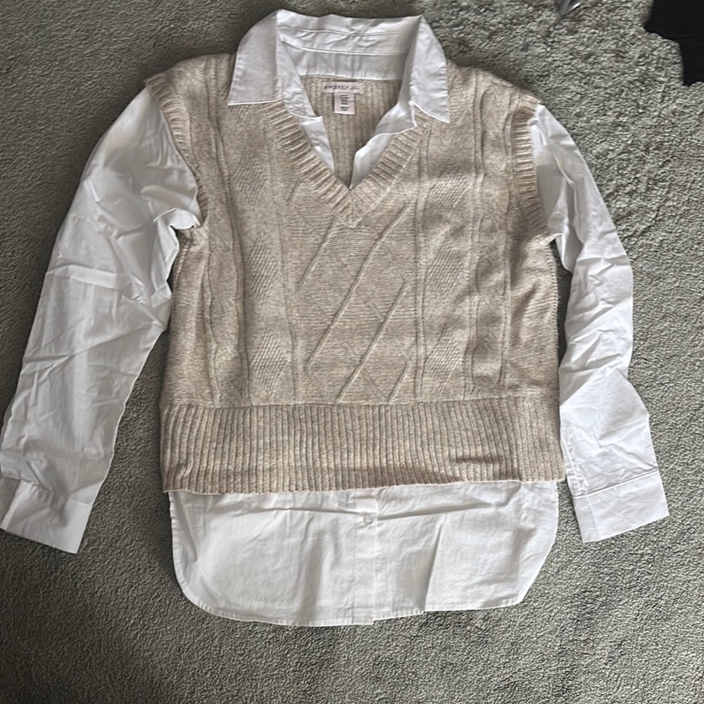 Beige Cable Knit Sweater Vest with White Shirt